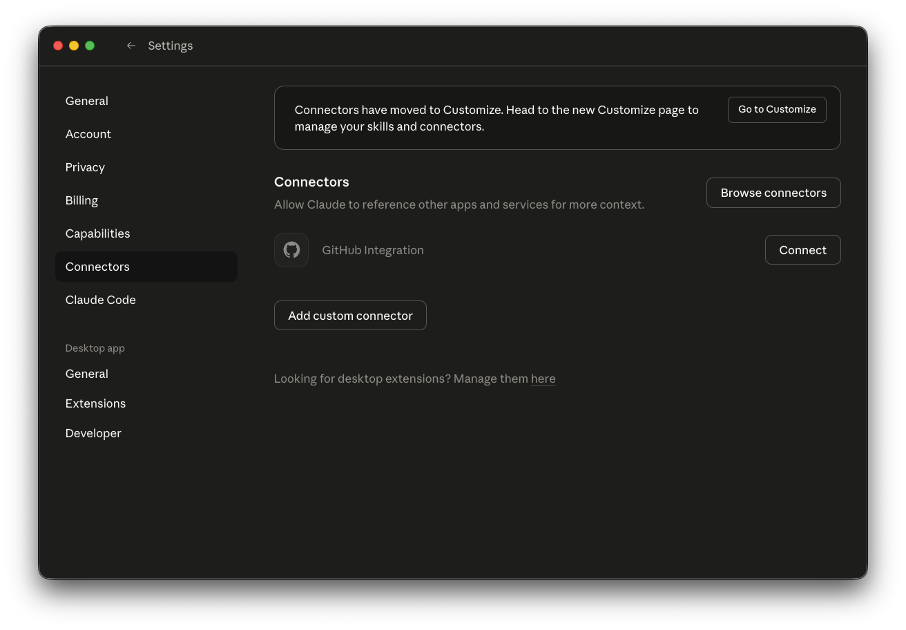 Connectors in Settings